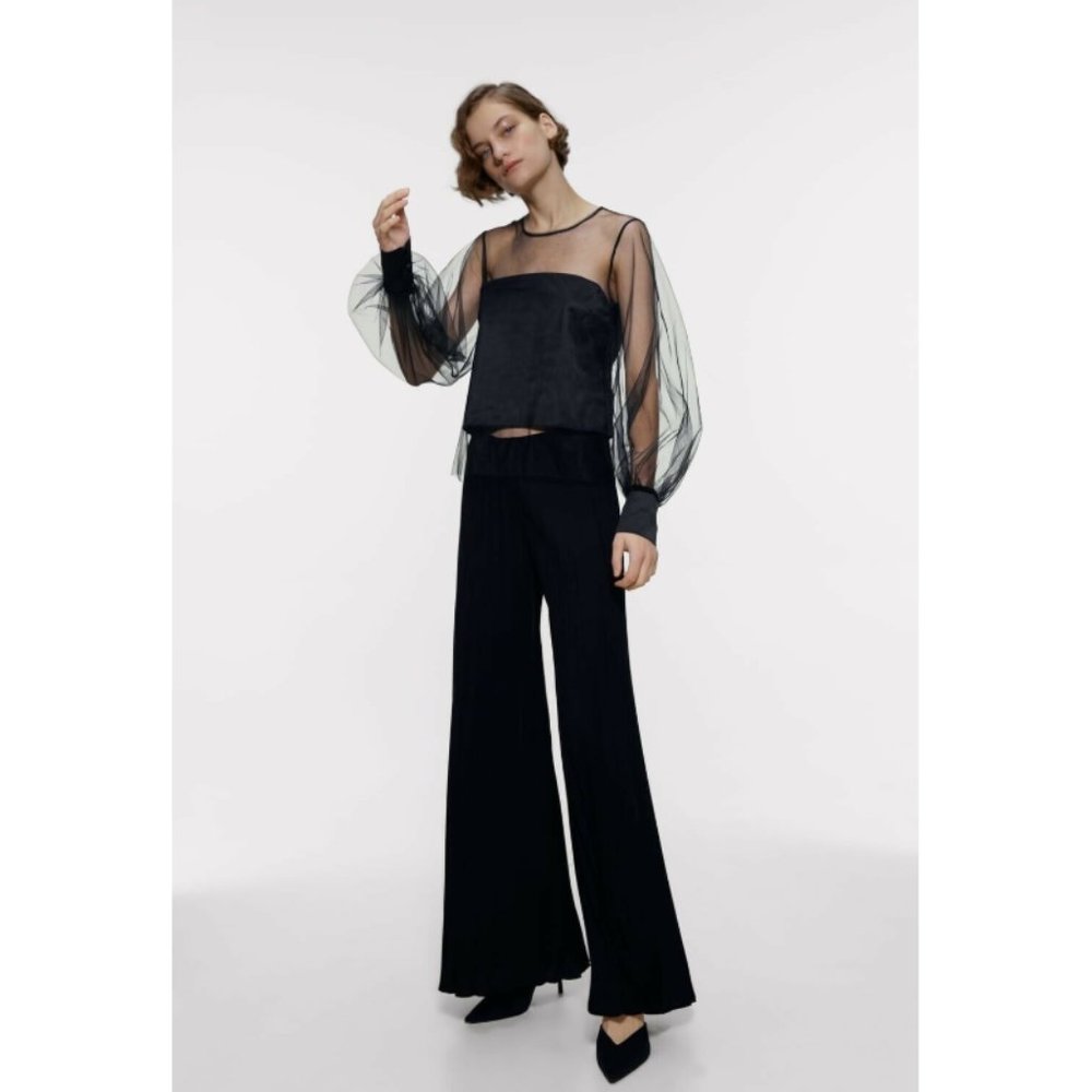 Zara Combined Tulle Blouse Semi-Sheer Long Sleeve - Picture 5 of 8